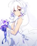  1girl ahoge azur_lane blue_eyes blue_ribbon bouquet breasts closed_mouth dress flower gradient gradient_background grey_background hair_over_shoulder highres holding holding_bouquet icehotmilktea illustrious_(azur_lane) looking_at_viewer medium_breasts ribbon rose short_hair sidelocks simple_background sleeveless sleeveless_dress smile solo white white_background white_dress white_flower white_hair white_rose 