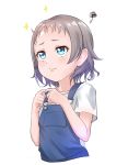  1girl bangs blue_eyes fingers_together frown grey_hair kanabun love_live! love_live!_sunshine!! overalls short_hair short_sleeves simple_background solo sparkle squiggle tears upper_body watanabe_you white_background younger 