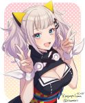  1girl :d bangs bare_shoulders blue_eyes blunt_bangs blush breasts character_name cleavage cleavage_cutout hair_ornament hairclip half-closed_eyes kaguya_luna kaguya_luna_(character) large_breasts looking_at_viewer open_mouth sleeveless smile solo twintails twitter_username upper_body v veryberry00 