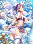  1girl back forest frozen_lake hand_on_own_face hat igloo interitio looking_at_viewer mountain nature orange_eyes purple_hair short_hair smile snow snow_shelter snowflakes solo swimsuit tenka_touitsu_chronicle thigh-highs twitter_username 