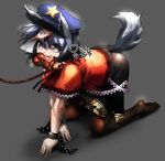  1girl all_fours animal_ears black_hat black_legwear black_skirt blue_eyes blue_hair chains collarbone cuffs dog_ears dog_tail food full_body hair_between_eyes hat highres hijiwryyyyy leash looking_at_viewer meat miniskirt miyako_yoshika mouth_hold pantyhose red_shirt shirt simple_background skirt solo star stitches tail touhou 