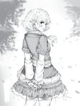  1girl arm_warmers arms_behind_back bare_legs highres looking_at_viewer looking_back mizuhashi_parsee monochrome mugo_(mugokii) pointy_ears scarf short_hair short_sleeves skirt solo standing touhou white_scarf 