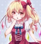  1girl adapted_costume blonde_hair bow dress flandre_scarlet hair_between_eyes hair_bow hand_on_own_cheek hand_up long_hair looking_at_viewer open_mouth puffy_short_sleeves puffy_sleeves red_bow red_dress red_eyes short_sleeves side_ponytail simple_background solo touhou upper_body wings yuria_(kittyluv) 