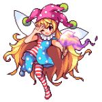  1girl bare_arms blonde_hair clownpiece dress fairy_wings fire full_body hat holding ichi_et jester_cap long_hair looking_at_viewer lowres neck_ruff one_eye_closed pantyhose pink_hat pixel_art polka_dot red_eyes short_dress simple_background solo star star_print striped striped_legwear torch touhou v very_long_hair white_background wings 