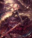  1girl armor armored_boots armored_dress artist_request blonde_hair boots brown_eyes cygames dual_wielding frills hair_ornament high_heels looking_at_viewer melissa_(shingeki_no_bahamut) official_art ruins serious shadowverse shingeki_no_bahamut short_hair solo sword weapon 