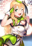  1girl ;d belt blonde_hair breasts cleavage cleavage_cutout commentary_request eyebrows_visible_through_hair fingerless_gloves gloves green_eyes hat hoshii_miki idolmaster long_hair looking_at_viewer medium_breasts one_eye_closed open_mouth pettan_p salute smile solo 