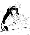  1girl :d animal_ears bangs borvar cat_ears cat_tail dojou_sukui fang fish goldfish goldfish_scooping greyscale highres japanese_clothes long_hair monochrome noihara_himari omamori_himari open_mouth ponytail saliva simple_background slit_pupils smile solo standing tail very_long_hair water white_background wide_sleeves 
