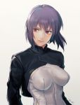  1girl black_jacket breasts ghost_in_the_shell jacket kusanagi_motoko pink_eyes purple_hair short_hair signature suda_ayaka white_background 