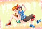  1girl :d back-to-back black_hair blush brown_eyes cap clenched_teeth closed_eyes embarrassed film_strip hand_holding kasumi_(pokemon) open_mouth orange_hair pokemon pokemon_(anime) pokemon_sm_(anime) satoshi_(pokemon) shirt shoes short_hair short_ponytail shorts side_ponytail smile sneakers solo suspenders t-shirt tank_top teeth watch watch yuno_(asanan) 