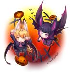  2girls :d animal_ears arm_up ascot bangs bat_ears bat_girl black_hair black_skirt blonde_hair blunt_bangs cape commentary_request common_vampire_bat_(kemono_friends) common_vampire_bat_(kemono_friends)_(cosplay) cosplay fangs finger_to_mouth from_above gradient halloween highres jack-o&#039;-lantern kemono_friends looking_at_viewer multicolored_hair multiple_girls nina_yuki open_mouth paw_pose pink_neckwear pleated_skirt pumpkin purple_hair serval_(kemono_friends) serval_ears serval_tail short_hair skirt smile tail v-shaped_eyebrows violet_eyes yellow_eyes 