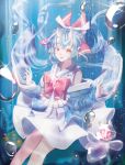  1girl blue_hair blush bow bubble collarbone eyebrows horns long_hair looking_at_viewer o_yat original parted_lips red_bow red_eyes sea_angel smile solo thick_eyebrows underwater 