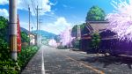  blue_sky bush cherry_blossoms city clouds copyright_name day house mikago_kotaro no_humans outdoors power_lines re:lief_~shin&#039;ai_naru_anata_e~ road scenery sign sky street telephone_pole tree watermark 
