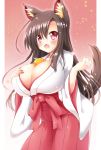 1girl :o alternate_costume animal_ears between_breasts blush breasts brown_hair commentary_request fang food fruit highres huge_breasts imaizumi_kagerou japanese_clothes long_hair mandarin_orange open_mouth osashin_(osada) red_eyes solo tail touhou wide_sleeves wolf_ears wolf_tail 