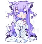  1girl 2018 :o alternate_hairstyle animal_ears azur_lane bangs black_bow black_ribbon blush bow cat_ears cat_girl cat_tail commentary_request double_bun dress eyebrows_visible_through_hair full_body hair_ribbon head_tilt kemonomimi_mode long_hair long_sleeves looking_at_viewer object_hug open_mouth pantyhose purple_hair ribbon signature sitting solo sparkle stalkingp stuffed_animal stuffed_pegasus stuffed_toy stuffed_unicorn tail two_side_up unicorn_(azur_lane) very_long_hair violet_eyes wariza white_background white_dress white_legwear 