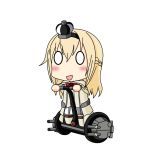  0_0 1girl absurdres blonde_hair bow braid chibi crown dress flower french_braid hairband highres kantai_collection kinoko_(benitengudake) long_hair mini_crown off-shoulder_dress off_shoulder open_mouth red_bow red_flower red_rose riding rose segway simple_background smile solo warspite_(kantai_collection) white_background 