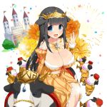  bangs black_hair blue_eyes blunt_bangs breasts castle cleavage confetti cow detached_sleeves dress eyebrows_visible_through_hair fireworks flower hair_flaps headdress kusaka_souji large_breasts long_hair looking_at_viewer miru_holstein official_art open_mouth riding sparkle striped transparent_background uchi_no_hime-sama_ga_ichiban_kawaii vertical-striped_dress vertical_stripes 