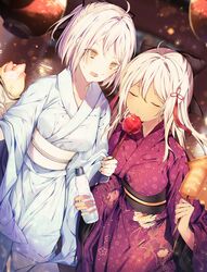  2girls absurdres ahoge alternate_costume bangs black_bow bottle bow candy_apple closed_eyes commentary crepe dark_skin eating eyebrows_visible_through_hair fate/grand_order fate_(series) food hair_bow highres holding holding_bottle holding_food huge_filesize japanese_clothes kimono koha-ace lantern leo_(feeling_goooood) long_hair long_sleeves looking_at_another multiple_girls obi okita_souji_(alter)_(fate) okita_souji_(fate) okita_souji_(fate)_(all) one_side_up open_mouth paper_lantern platinum_blonde_hair ramune sash short_hair sidelocks squid sweatdrop wide_sleeves yellow_eyes yukata 