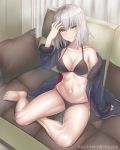  1girl barefoot bikini black_bikini black_jacket breasts couch curtains fate/apocrypha fate/grand_order fate_(series) full_body fur-trimmed_jacket fur_trim highres jacket jeanne_d&#039;arc_(alter)_(fate) jeanne_d&#039;arc_(fate)_(all) looking_at_viewer medium_breasts open_clothes open_jacket s-goon short_hair silver_hair sitting solo swimsuit window yellow_eyes yokozuwari 