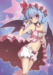  1girl bare_arms bare_shoulders bat_wings beni_kurage bloomers blue_hair commentary_request cowboy_shot fang hat hat_ribbon highres looking_at_viewer midriff mob_cap pointy_ears red_eyes red_ribbon remilia_scarlet ribbon short_hair smile solo star strap_slip touhou underwear white_bloomers wings wrist_cuffs 