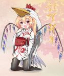  1girl alternate_costume black_legwear blonde_hair detached_sleeves fang flandre_scarlet full_body hair_between_eyes hand_up japanese_clothes kanitama kimono kneeling obi open_mouth pointing pointing_at_self pointy_ears red_eyes rooster_costume sash solo thigh-highs touhou white_kimono wings 