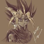  1boy armlet atem bare_shoulders blonde_hair brown_background cape ear earrings forehead_protector jewelry long_hair looking_at_viewer male_focus monochrome multicolored_hair sepia signature simple_background smile solo spiky_hair takahashi_kazuki upper_body yu-gi-oh! yuu-gi-ou_duel_monsters 