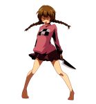  1girl braid breasts brown_hair chicago_kachou closed_eyes closed_mouth commentary_request full_body kitchen_knife knife long_hair madotsuki pink_shirt purple_skirt shirt skirt solo sweater twin_braids twintails yume_nikki 