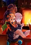  3girls :d ^_^ abigail_williams_(fate/grand_order) armchair black_bow black_dress black_hat blonde_hair bloomers blue_eyes bow candle chair character_request closed_eyes closed_mouth commentary_request dark_skin dress fate/grand_order fate_(series) fire fireplace hair_bow hat highres hopper horn hug hug_from_behind indoors lavinia_whateley_(fate/grand_order) long_hair long_sleeves looking_at_viewer multiple_girls night night_sky object_hug open_mouth orange_bow pale_skin parted_lips pink_eyes polka_dot polka_dot_bow purple_hair silver_hair sitting sky sleeves_past_wrists smile star_(sky) starry_sky stuffed_animal stuffed_toy teddy_bear underwear vase very_long_hair white_bloomers wide-eyed window 