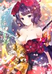  1girl bare_shoulders black_hair blue_eyes breasts fate/grand_order fate_(series) flower hair_flower hair_ornament highres iroha_(shiki) japanese_clothes katsushika_hokusai_(fate/grand_order) kimono looking_at_viewer medium_breasts obi sash short_hair solo 