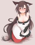  1girl animal_ears bare_shoulders blush breasts brooch brown_background brown_hair cleavage collarbone dress frilled_sleeves frills full_body hair_between_eyes highres hiro_(pqtks113) imaizumi_kagerou jewelry large_breasts long_hair looking_at_viewer red_eyes simple_background sleeves_past_wrists solo sweat touhou very_long_hair wide_sleeves wolf_ears 