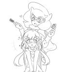  2girls :o artist_name blush brush comb glasses greyscale hair_ornament highres hikari_(pokemon) long_hair looking_at_viewer monochrome multiple_girls pokemon pokemon_(game) pokemon_dppt pokemon_sm rf_(4chan) scarf sketch wicke_(pokemon) 