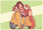  1girl alternate_costume bent_over biker_clothes bikesuit blue_eyes boots breasts brown_hair cappy_(mario) cleavage ground_vehicle helmet looking_at_viewer super_mario_bros. mario_kart motor_vehicle pauline scooter smile super_mario_odyssey thigh-highs thigh_boots vespa winton_kidd 