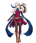  1girl belt belt_buckle belt_pouch bird bird_on_hand blue_scarf boots bracelet brown_boots brown_footwear buckle closed_mouth dress elbow_gloves female fingerless_gloves fire_emblem fire_emblem:_akatsuki_no_megami fire_emblem_heroes full_body gloves hand_up highres jewelry long_hair micaiah official_art pantyhose pouch scarf shoes side_slit silver_hair simple_background sleeveless sleeveless_dress smile solo standing transparent_background yellow_eyes 