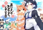  adapted_costume african_wild_dog_(kemono_friends) animal_ears arare_mochiko bare_shoulders bow bowtie commentary_request dog_(kemono_friends) dog_ears dog_tail grey_wolf_(kemono_friends) highres kaban_(kemono_friends) kemono_friends lucky_beast_(kemono_friends) mongolian_wolf_(kemono_friends) multicolored_hair multiple_girls serval_(kemono_friends) serval_ears short_hair siberian_husky_(kemono_friends) smile tail translation_request wolf_ears 