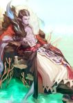 1boy absurdres bai_ma beard black_hair blue_background bottle character_request closed_eyes coral facial_hair fish gradient gradient_background highres male_focus multicolored_hair onmyoji open_clothes pointy_ears sake_bottle sitting solo tagme tattoo two-tone_hair white_hair 