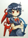  1girl :t absurdres angry asymmetrical_wings blue_dress blue_hair bow bowtie closed_mouth crossed_arms dress eyebrows_visible_through_hair highres houjuu_nue looking_at_viewer marker_(medium) pout red_eyes red_neckwear sasa_kichi short_hair short_sleeves solo touhou traditional_media v-shaped_eyebrows wings wristband 