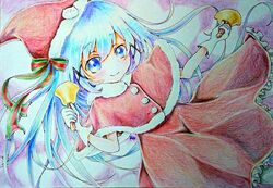  bell blue_eyes blue_hair capelet christmas gloves gochuumon_wa_usagi_desu_ka? hair_ornament hair_ribbon hat highres hrpkrizy kafuu_chino long_hair looking_at_viewer red_capelet ribbon santa_hat smile traditional_media white_gloves x_hair_ornament 