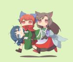  3girls animal_ears bangs blue_bow blue_eyes blue_hair bow brown_footwear brown_hair carrying commentary_request covered_mouth dress drill_hair grass_root_youkai_network green_background green_kimono hair_bow head_fins imaizumi_kagerou japanese_clothes kimono long_hair mermaid monster_girl multiple_girls red_eyes red_footwear redhead running sasa_kichi sekibanki shoes short_hair simple_background touhou wakasagihime wolf_ears 