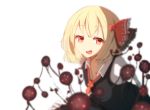  1girl arms_behind_back blonde_hair darkness eyebrows_visible_through_hair hair_ribbon looking_at_viewer necktie open_mouth pran_(nipura) red_eyes red_neckwear red_ribbon ribbon rumia simple_background smile solo touhou vest white_background 