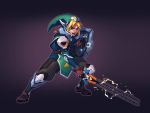  1boy blonde_hair blue_eyes commentary crossover electricity english_commentary fighting_stance full_body gloves gradient gradient_background jeremy_vitry link male_focus overwatch pelvic_curtain shield solo sword the_legend_of_zelda weapon 