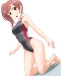  1girl barefoot black_swimsuit brown_eyes brown_hair competition_swimsuit dutch_angle full_body highleg highleg_swimsuit idolmaster idolmaster_cinderella_girls igarashi_kyouko kneeling long_hair looking_at_viewer one-piece_swimsuit open_mouth pataniito side_ponytail simple_background solo swimsuit white_background 