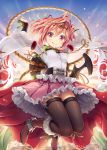  1girl akkijin amulet blue_sky boots card_(medium) frilled_skirt frills japanese_clothes jewelry jumping looking_at_viewer official_art orange_hair red_eyes shinkai_no_valkyrie short_hair skirt sky solo sunrise thigh-highs tiara tongue tongue_out weapon 