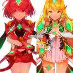  2girls armor blonde_hair breasts cleavage covered_navel dress earrings fingerless_gloves gloves hair_ornament highres mythra_(xenoblade) pyra_(xenoblade) jewelry large_breasts long_hair looking_at_viewer multiple_girls red_eyes redhead short_hair shorts sidelocks simple_background smile tarbo_(exxxpiation) tiara white_background xenoblade xenoblade_2 yellow_eyes 