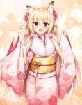  1girl animal_ears bangs blonde_hair blush commentary_request eyebrows_visible_through_hair fang floral_background floral_print flower fox_ears fox_shadow_puppet fur_collar hair_flower hair_ornament hands_up highres japanese_clothes kimono kokutou_(kazuakifca) leaf_print long_hair long_sleeves looking_at_viewer obi open_mouth original pink_kimono print_kimono red_eyes sash smile solo standing very_long_hair wide_sleeves yellow_sash 