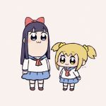  2girls :3 artist_name ayu_(mog) bangs blonde_hair blue_sailor_collar blue_skirt blunt_bangs blush bow brown_footwear closed_mouth commentary_request eyebrows_visible_through_hair grey_background hair_bow long_sleeves looking_at_viewer multiple_girls neckerchief no_nose pipimi pleated_skirt poptepipic popuko purple_hair red_bow red_neckwear school_uniform serafuku shirt shoes skirt socks standing twintails violet_eyes white_legwear white_shirt yellow_eyes 