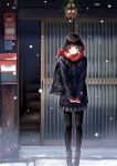  1girl bangs black_hair black_legwear blue_eyes blush boots coat eyebrows_visible_through_hair full_body highres kazuharu_kina long_hair long_sleeves original outdoors pantyhose parted_lips red_scarf scarf school_uniform skirt snowing solo standing uniform winter winter_clothes 