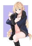  1girl absurdres amu_(258shin) bangs black_footwear black_shirt blonde_hair blue_eyes blue_jacket blush boots braid commentary_request eyebrows_visible_through_hair fate/apocrypha fate_(series) fur-trimmed_jacket fur-trimmed_sleeves fur_trim highres jacket jeanne_d&#039;arc_(fate) jeanne_d&#039;arc_(fate)_(all) jewelry knee_up leg_hug long_hair looking_at_viewer necklace open_clothes open_jacket outside_border purple_background shirt simple_background single_braid sitting solo very_long_hair white_background 