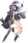  1girl ayaki breasts gloves kantai_collection large_breasts machinery mechanical_halo official_art polearm purple_hair remodel_(kantai_collection) short_hair tatsuta_(kantai_collection) torn_clothes torpedo_tubes turret violet_eyes weapon 