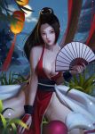  1girl breasts brown_eyes brown_hair cleavage eyelashes fan folding_fan forehead hair_ribbon high_ponytail highres large_breasts lips long_hair looking_at_viewer night ninja nose obi qianyu_mo realistic revealing_clothes ribbon sash shiranui_mai solo the_king_of_fighters thighs 