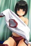  1girl black_eyes black_hair blush bob_cut buruma eyebrows_visible_through_hair gym_uniform highres looking_at_viewer matsunaga_kouyou navel original shirt_removed short_hair solo tareme undressing 