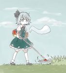  1girl black_footwear black_neckwear blue_eyes blue_hair blue_sky bow bowtie closed_mouth clouds grass green_skirt green_vest konpaku_youmu lawnmower outdoors sasa_kichi shoes short_hair skirt sky socks solo standing touhou vest walking white_legwear 